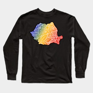 Colorful mandala art map of Romania with text in blue, yellow, and red Long Sleeve T-Shirt